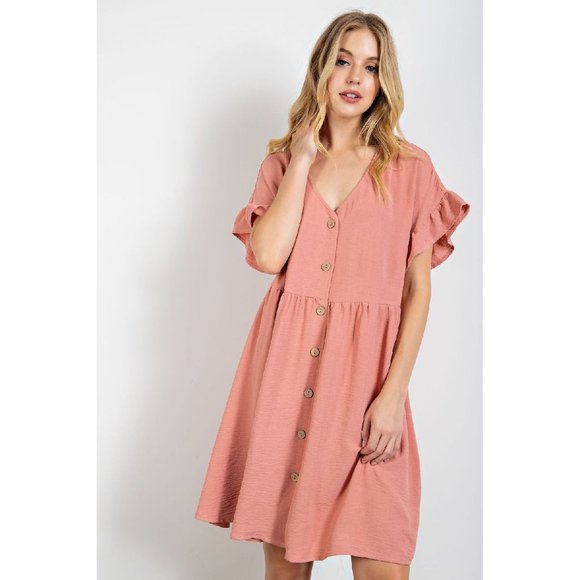 easel Dresses Easel Mauve Ruffled Sleeve Button Down Front V Neck